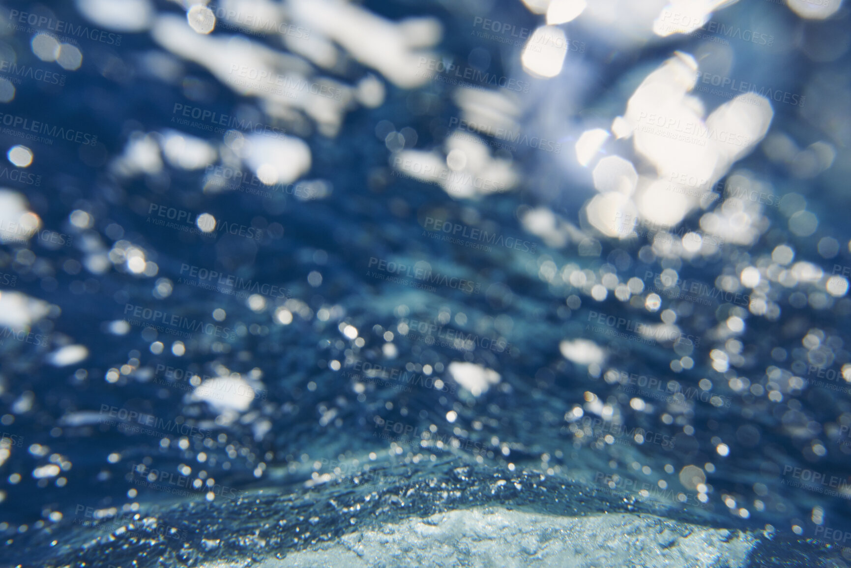 Buy stock photo Sea, underwater and nature with background for environment, texture or sustainability with water. Wallpaper, bubbles or aqua for space in ocean for tropical holiday, bokeh and natural ambience