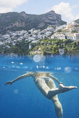 Buy stock photo Back, bikini and woman underwater in sea for holiday, summer vacation or swimming. Behind, legs and tourist person in ocean for break, getaway or trip as swimmer with bokeh for tourism and wellness