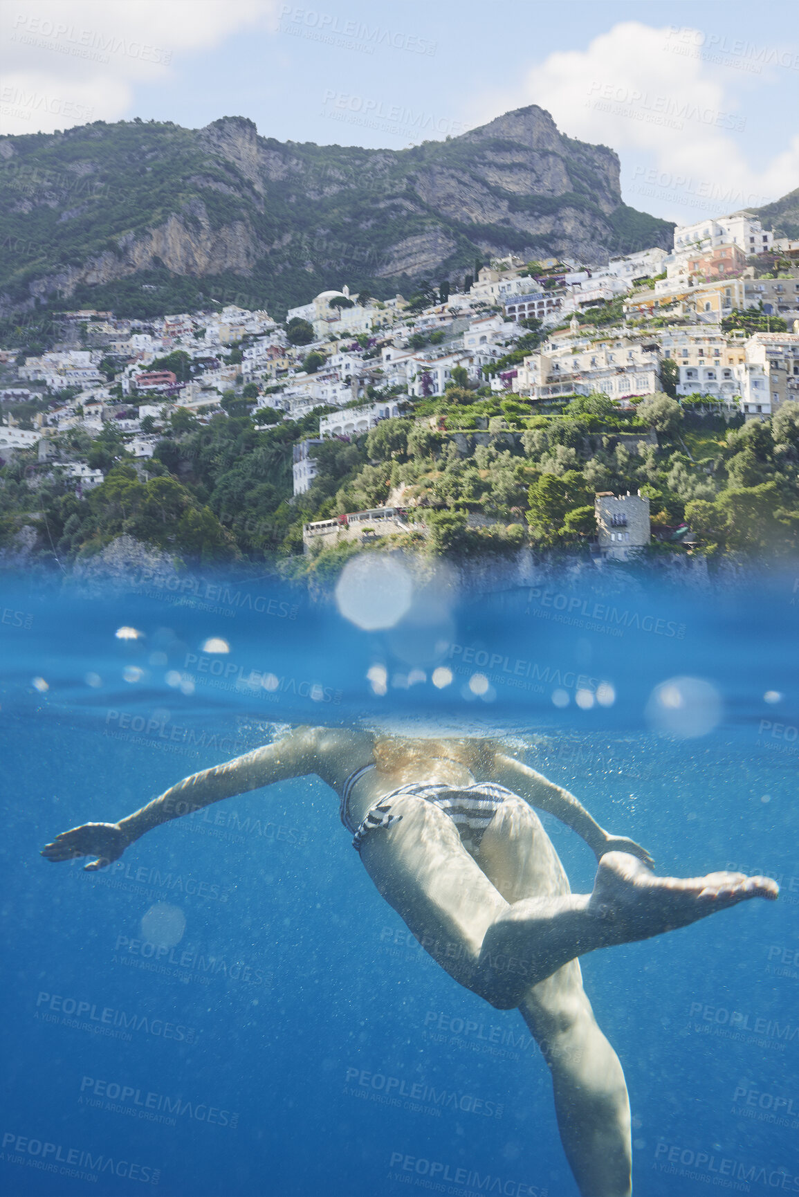 Buy stock photo Back, bikini and woman underwater in sea for holiday, summer vacation or swimming. Behind, legs and tourist person in ocean for break, getaway or trip as swimmer with bokeh for tourism and wellness