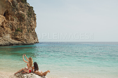 Buy stock photo Beach, friends and selfie for vacation, bonding and together with travel break and memory. Women, seaside space and traveler with ocean, photography and picture for summer holiday and adventure