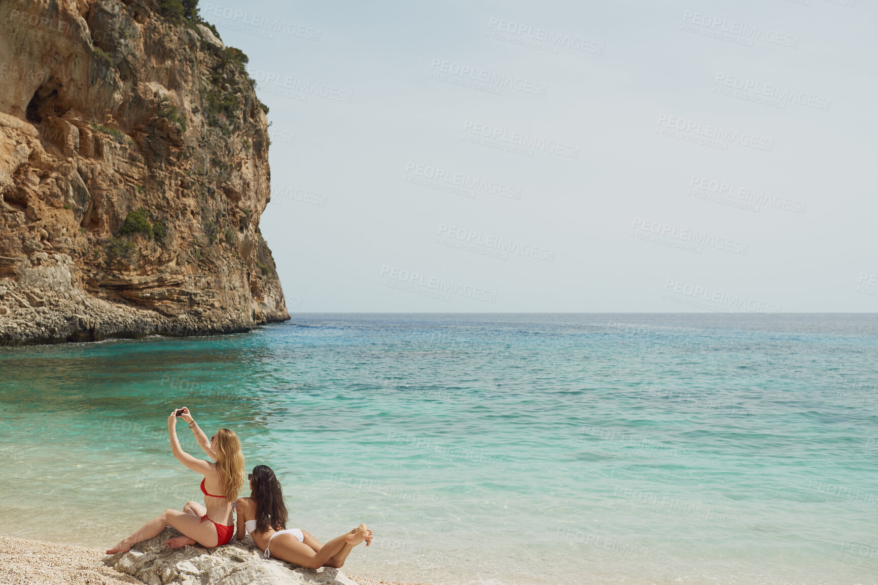 Buy stock photo Beach, friends and selfie for vacation, bonding and together with travel break and memory. Women, seaside space and traveler with ocean, photography and picture for summer holiday and adventure