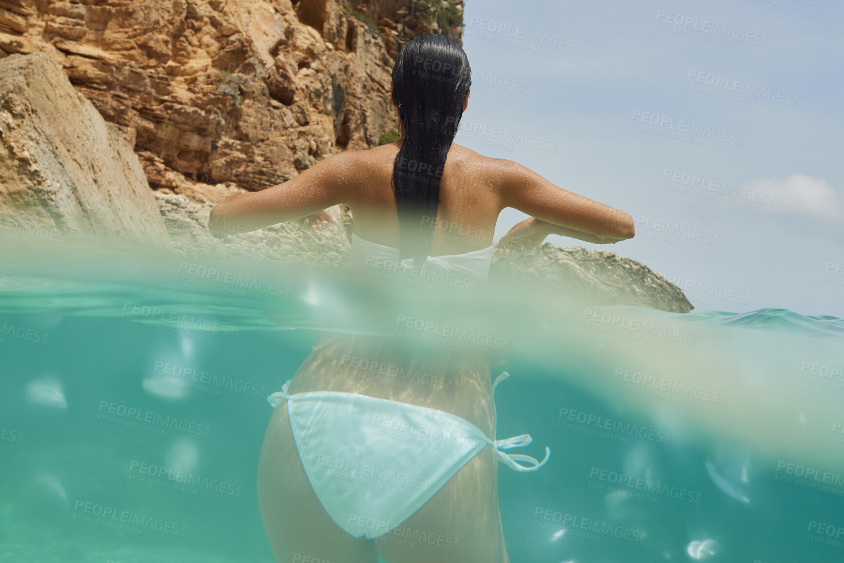 Buy stock photo Woman, swimming or ocean water with bikini for outdoor vacation, travel or summer holiday in nature. Back view, female person or swimmer in sea or swimsuit for tropical adventure or journey on island