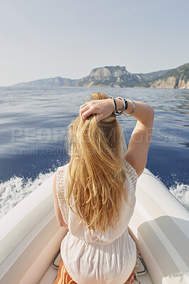 Buy stock photo Ocean, back and woman with boat for holiday, tropical getaway and summer adventure for solo travel. Weekend break, space and person with marine tourism for vacation fun, sea view and raft for journey