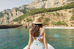 Beautiful woman on speed boat driving to paradise beach island discover summer adventure vacation