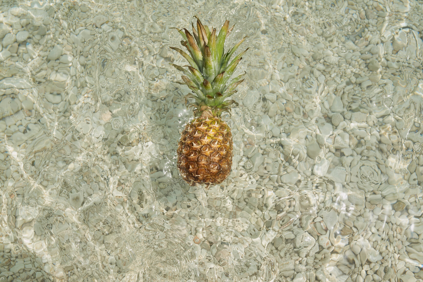 Buy stock photo Pineapple, ocean and food with tropical fruit on beach for summer diet or health in nature. Empty, space and organic immune booster with waves in sea water for vitamin C, antioxidant or paradise