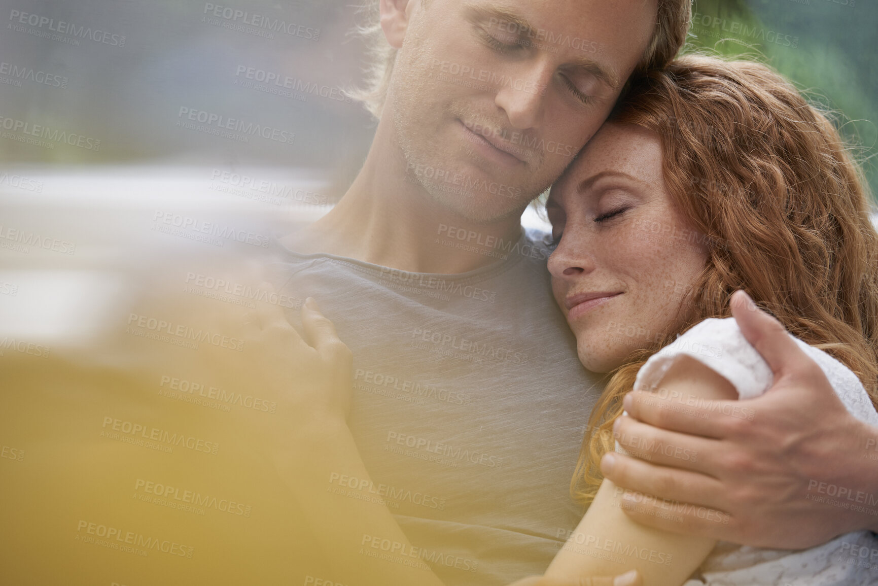 Buy stock photo Couple, sleeping and relax together for dreaming, comfort and support with peace or affection. Man, woman and cuddle for rest, cozy nap and partner with hug for love and embrace in relationship