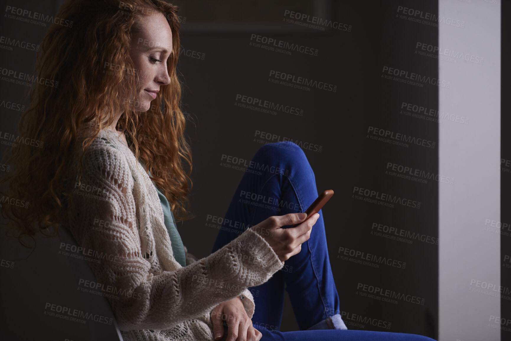 Buy stock photo Night, reading and woman with phone in home, connectivity and internet for digital communication. Calm, ebook and person with mobile for evening texting, smile and waiting for message notification