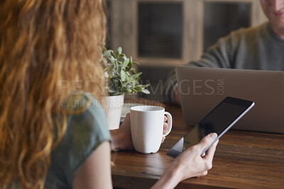 Buy stock photo Woman, hands and home with tablet screen or coffee for morning beverage, research or information. Female person, user or freelancer with mug or technology display for app, news or network in house
