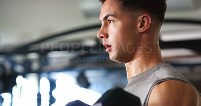 Buy stock photo Fitness, sweat or man in gym with thinking, workout fatigue or mindset in intense routine. Serious, tired or person in center with insight, performance goals or reflection in training challenge.