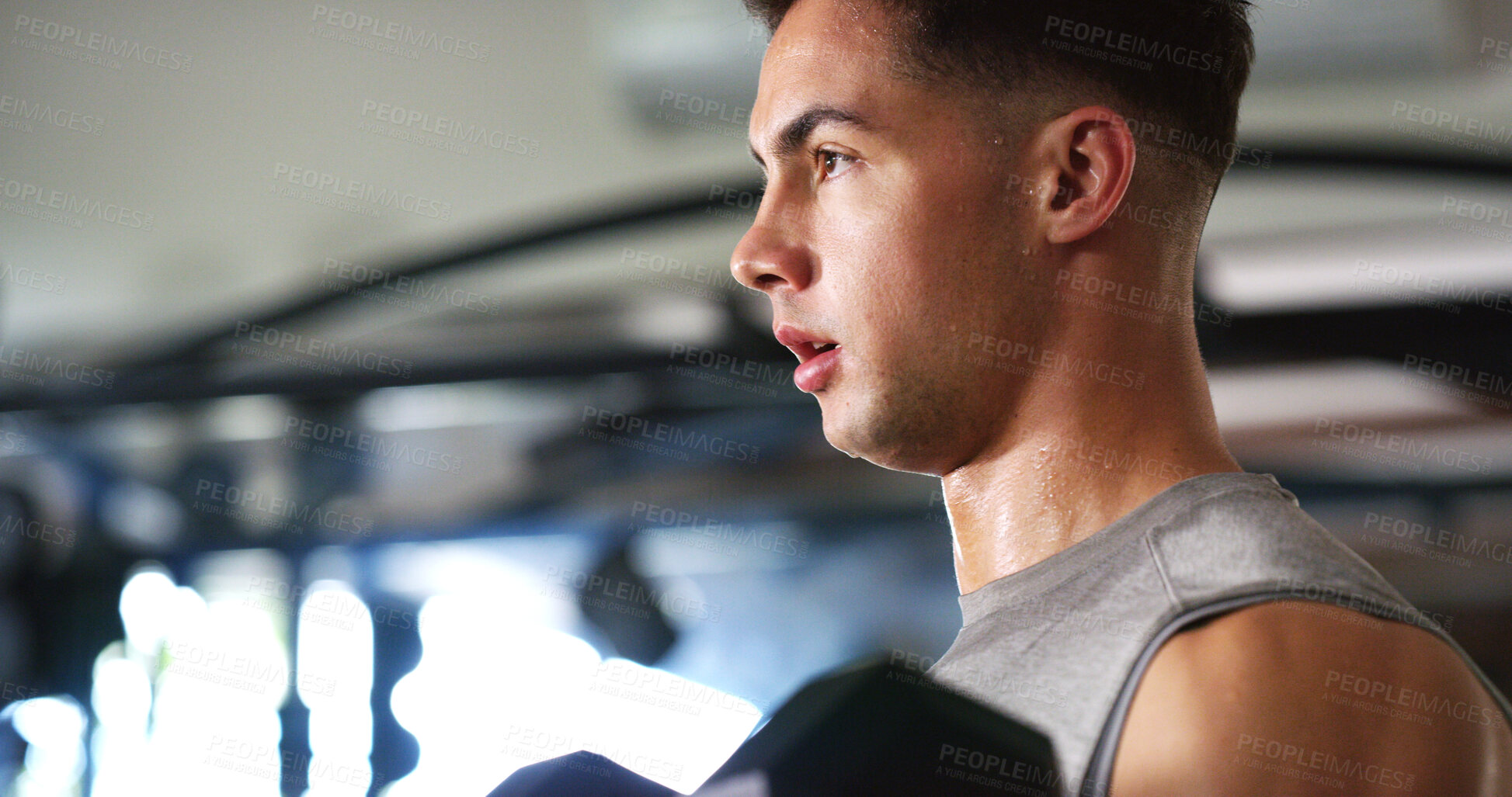 Buy stock photo Fitness, sweat or man in gym with thinking, workout fatigue or mindset in intense routine. Serious, tired or person in center with insight, performance goals or reflection in training challenge.