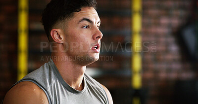 Buy stock photo Thinking, break or tired man in gym for fitness, workout burnout or plan training routine for health. Reflection, fatigue or sweaty athlete with exercise pause in sports club, rest or practice idea