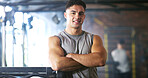 Happy man, portrait or fitness with confidence in gym for body building or personal training. Active, male person or wellness coach ready with smile or arms crossed for workout service in health club
