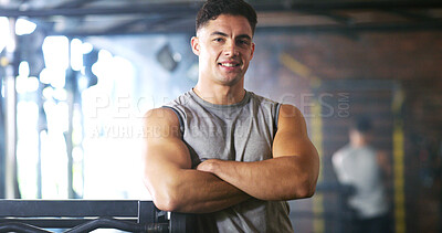 Buy stock photo Happy man, portrait or fitness with confidence in gym for body building or personal training. Active, male person or wellness coach ready with smile or arms crossed for workout service in health club