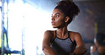 Thinking, break or black woman with fitness in gym, health commitment or planning for training routine. Reflection, rest and athlete with exercise pause for wellness, serious and practice decision