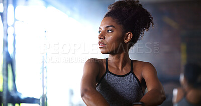 Buy stock photo Thinking, break or black woman with fitness in gym, health commitment or planning for training routine. Reflection, rest and athlete with exercise pause for wellness, serious and practice decision
