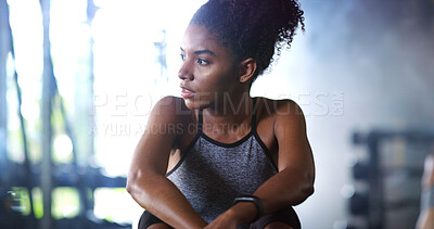 Buy stock photo Thinking, exhausted and woman in gym, sports and finish training with break for fitness recovery. Exercise club, reflection and tired African person with fatigue, wellness and resting to cool down
