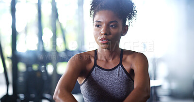 Buy stock photo Thinking, tired and woman in gym, sports and finish training with break for fitness recovery. Exercise club, vision and exhausted African person with fatigue, wellness and resting to cool down