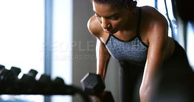 Buy stock photo Fitness, weightlifting or athlete in gym with dumbbell, power or renegade row in bodybuilding. Exercise, sweating or person with equipment, intense workout or strength in muscle transformation.