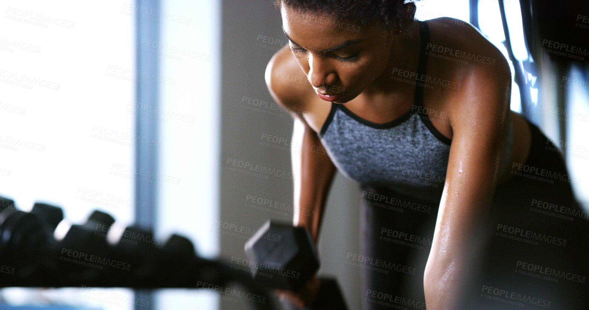 Buy stock photo Fitness, weightlifting or athlete in gym with dumbbell, power or renegade row in bodybuilding. Exercise, sweating or person with equipment, intense workout or strength in muscle transformation.