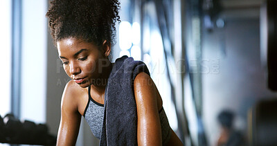 Buy stock photo Fitness, tired and woman in gym, rest and thinking of intense training recovery for wellness. Break, sweat and African person with fatigue after exercise in club, reflection and relax with space