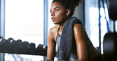 Buy stock photo Fitness, tired and woman in gym, thinking or rest with intense training recovery for wellness. Break, sweat or African person with fatigue after exercise in club, reflection or bodybuilder with space