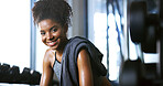 Portrait, smile and woman in gym for fitness break, wellness and recovery from body building exercise. Happy, athlete and person in health club for muscle rest, confidence and relax for challenge