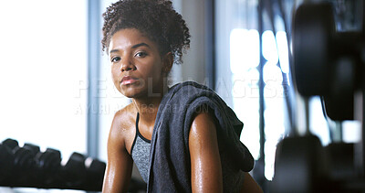 Buy stock photo Portrait, tired and woman in gym for fitness break, wellness and recovery from body building exercise. Serious, athlete and person in health club for muscle rest, confidence and fatigue for challenge