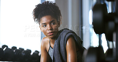 Buy stock photo Bodybuilder, tired and woman in gym, thinking or rest with intense training recovery for fitness. Break, sweating and exhausted African person in exercise club for health, reflection and wellness