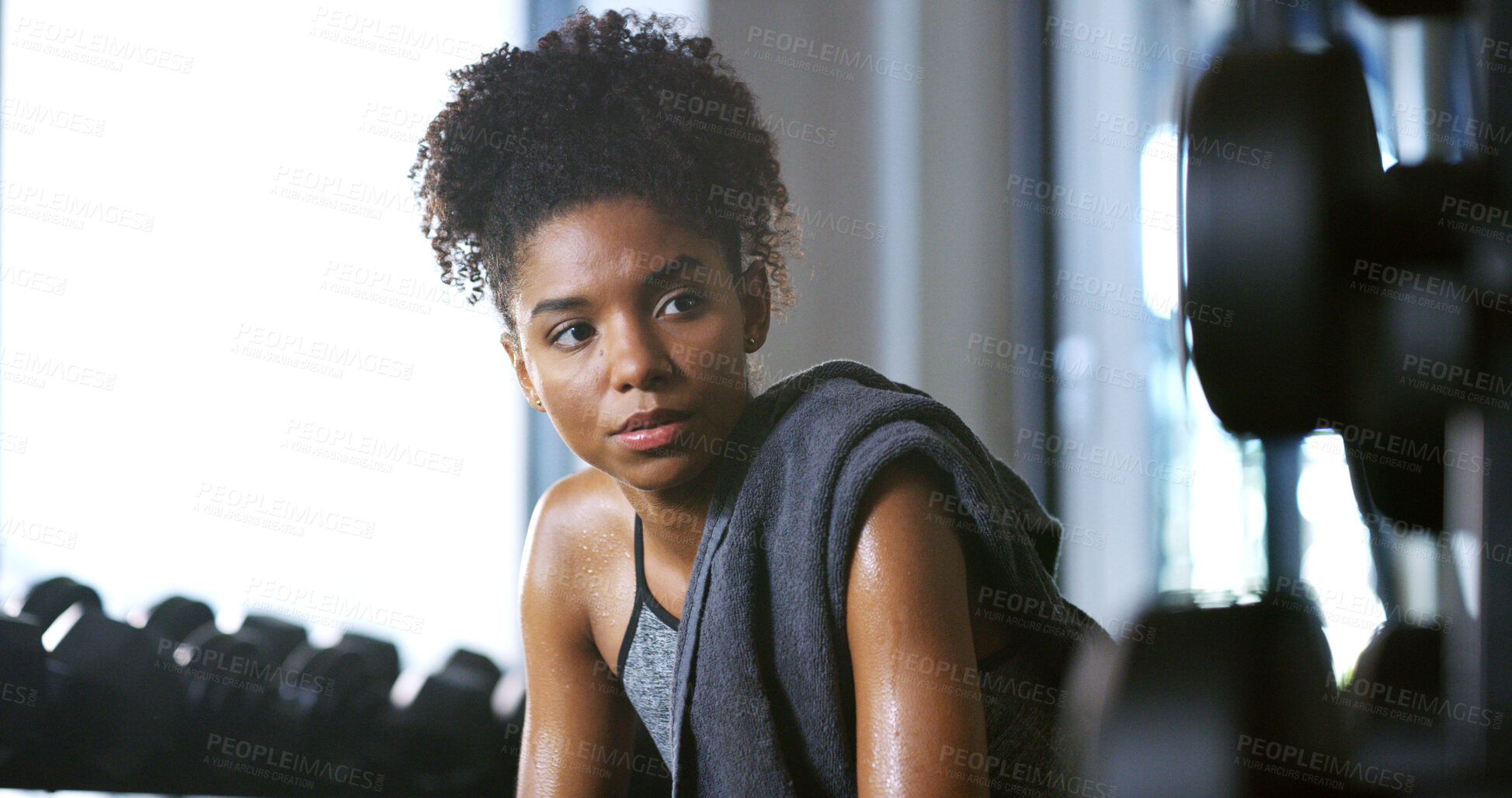 Buy stock photo Bodybuilder, tired and woman in gym, thinking or rest with intense training recovery for fitness. Break, sweating and exhausted African person in exercise club for health, reflection and wellness
