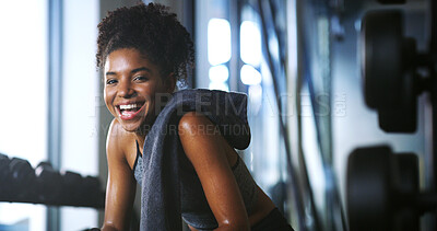 Buy stock photo Portrait, athlete and woman with smile at gym for wellness, fitness session and exercise recovery. Happy, female person and sweating with confidence, sports membership and break from intense training
