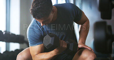 Buy stock photo Man, workout and weightlifting with dumbbell in gym for muscle gain, fitness or indoor exercise. Active, male person or lifting with weight or arm for bicep curl or strength training in health club