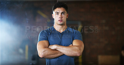 Buy stock photo Man, portrait or fitness with confidence in gym for body building, muscle gain or personal training. Active, male person or wellness coach ready with arms crossed for workout service in health club