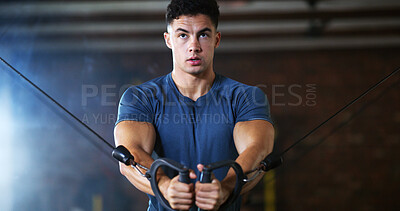 Buy stock photo Workout, man and cable weight machine in gym, fitness and resilience training for strength challenge. Sports club, equipment and athlete with anaerobic exercise for wellness, serious and muscle gain