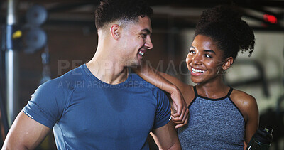 Buy stock photo Smile, team and people in gym for fitness break, wellness or recovery from body building exercise. Sweat, athlete and personal trainer in health club for muscle rest, training and happy for challenge