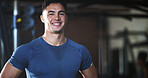 Portrait, sweat and man in gym for fitness break, wellness and recovery from body building exercise. Smile, athlete and person in health club for muscle rest, breathing and happy for challenge