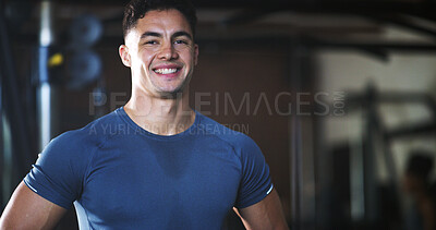 Buy stock photo Portrait, sweat and man in gym for fitness break, wellness and recovery from body building exercise. Smile, athlete and person in health club for muscle rest, breathing and happy for challenge
