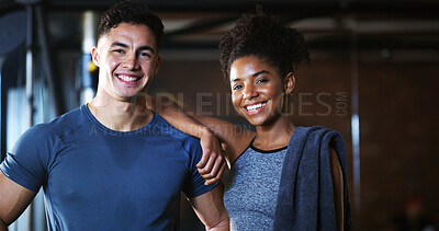 Buy stock photo Smile, portrait and people in gym for exercise break, wellness or recovery from body building fitness. Sweat, athlete and personal trainer in health club for muscle, training and happy for challenge