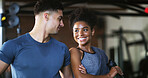 Fitness, team and people with smile in gym, training discussion and workout advice for transformation. Health club, personal trainer or athlete with exercise tips for support, happy or wellness goals