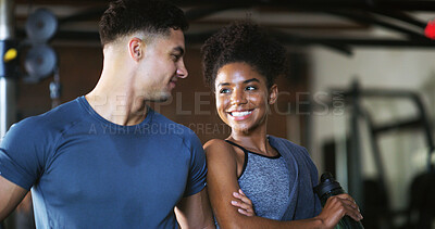 Buy stock photo Fitness, team and people with smile in gym, training discussion and workout advice for transformation. Health club, personal trainer or athlete with exercise tips for support, happy or wellness goals
