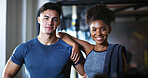 Smile, group and people in gym for exercise break, wellness or recovery from body building fitness. Sweat, athlete and personal trainer in health club for muscle, training and happy for challenge