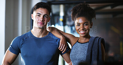 Buy stock photo Smile, portrait and people in gym for exercise break, wellness or recovery from body building fitness. Sweat, athlete and personal trainer in health club for muscle, training and happy for challenge