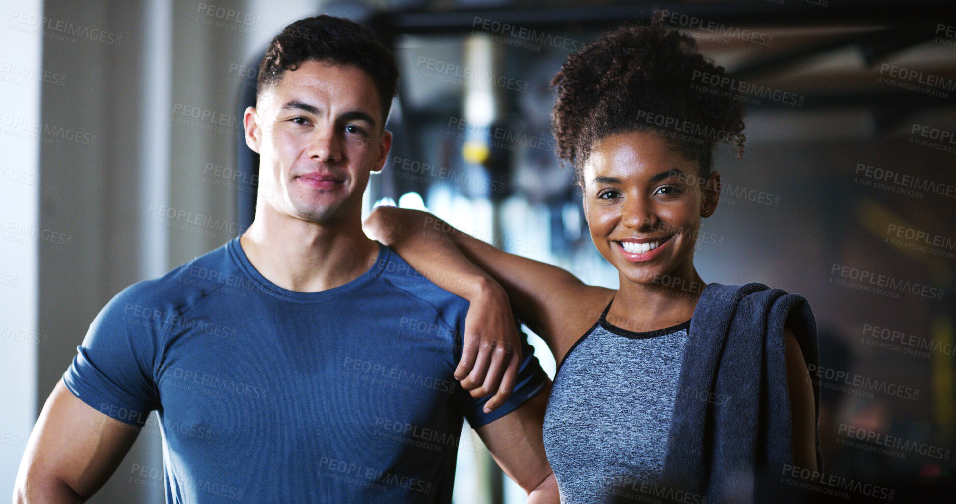 Buy stock photo Smile, portrait and people in gym for exercise break, wellness or recovery from body building fitness. Sweat, athlete and personal trainer in health club for muscle, training and happy for challenge
