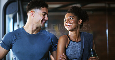 Buy stock photo Fitness, team and people with laugh in gym, training discussion and workout advice for transformation. Health club, personal trainer or athlete with exercise tips for support, happy or wellness goals