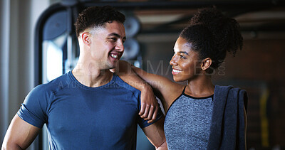 Buy stock photo Smile, team and people in gym for exercise break, wellness or recovery from body building fitness. Sweat, athlete and personal trainer in health club for muscle, training and happy for challenge