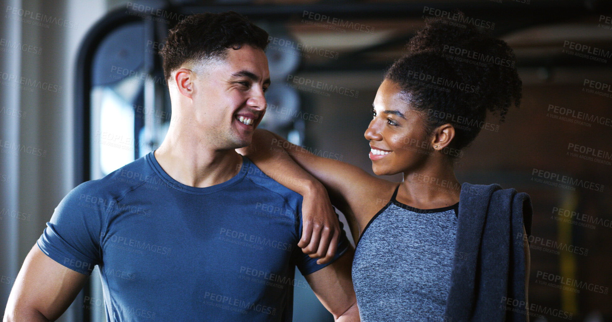 Buy stock photo Smile, team and people in gym for exercise break, wellness or recovery from body building fitness. Sweat, athlete and personal trainer in health club for muscle, training and happy for challenge