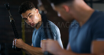 Buy stock photo Mirror, man or cable machine in gym with workout, strength training and bicep development for fitness. Bodybuilder, person and reflection in health club with gear, exercise and movement for wellness.