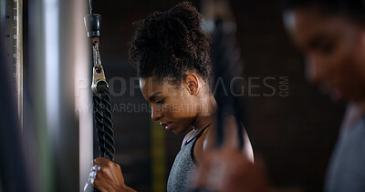 Buy stock photo Mirror, woman and rope machine in gym with exercise, strength training and movement for wellness. Active, African person and reflection in health club with bicep workout, cable equipment and fitness.