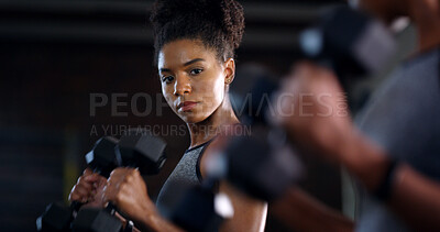 Buy stock photo Mirror, woman and weightlifting in gym with dumbbells, strength training or fitness for strong biceps. Active, African person and lifting weights in health club with reflection, workout or check form