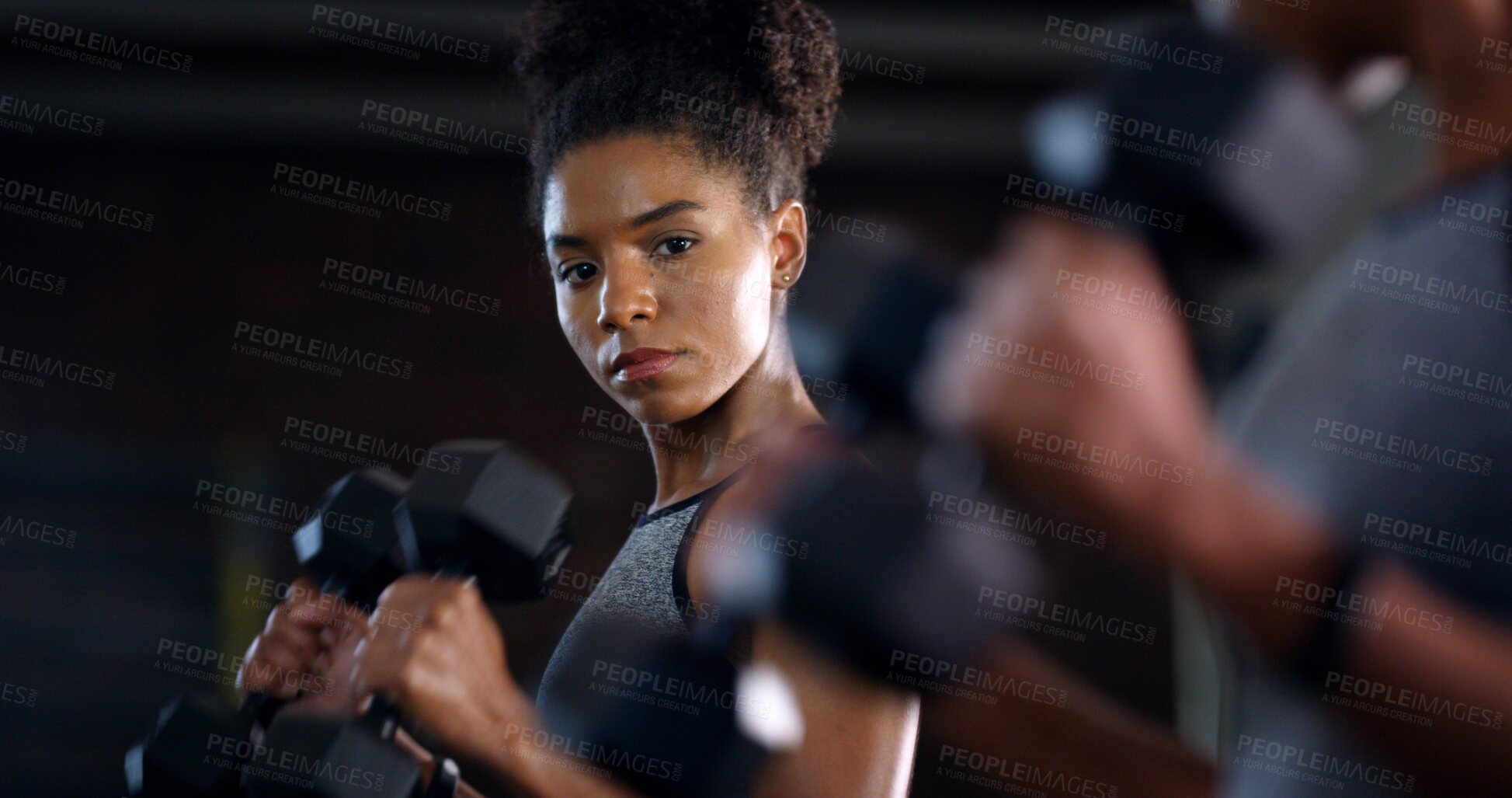 Buy stock photo Mirror, woman and weightlifting in gym with dumbbells, strength training or fitness for strong biceps. Active, African person and lifting weights in health club with reflection, workout or check form