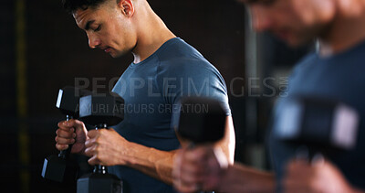 Buy stock photo Fitness, mirror and weightlifting with man in gym for routine, strength training or workout. Dumbbells, exercise and reflection with person in health club for activity, challenge or progress
